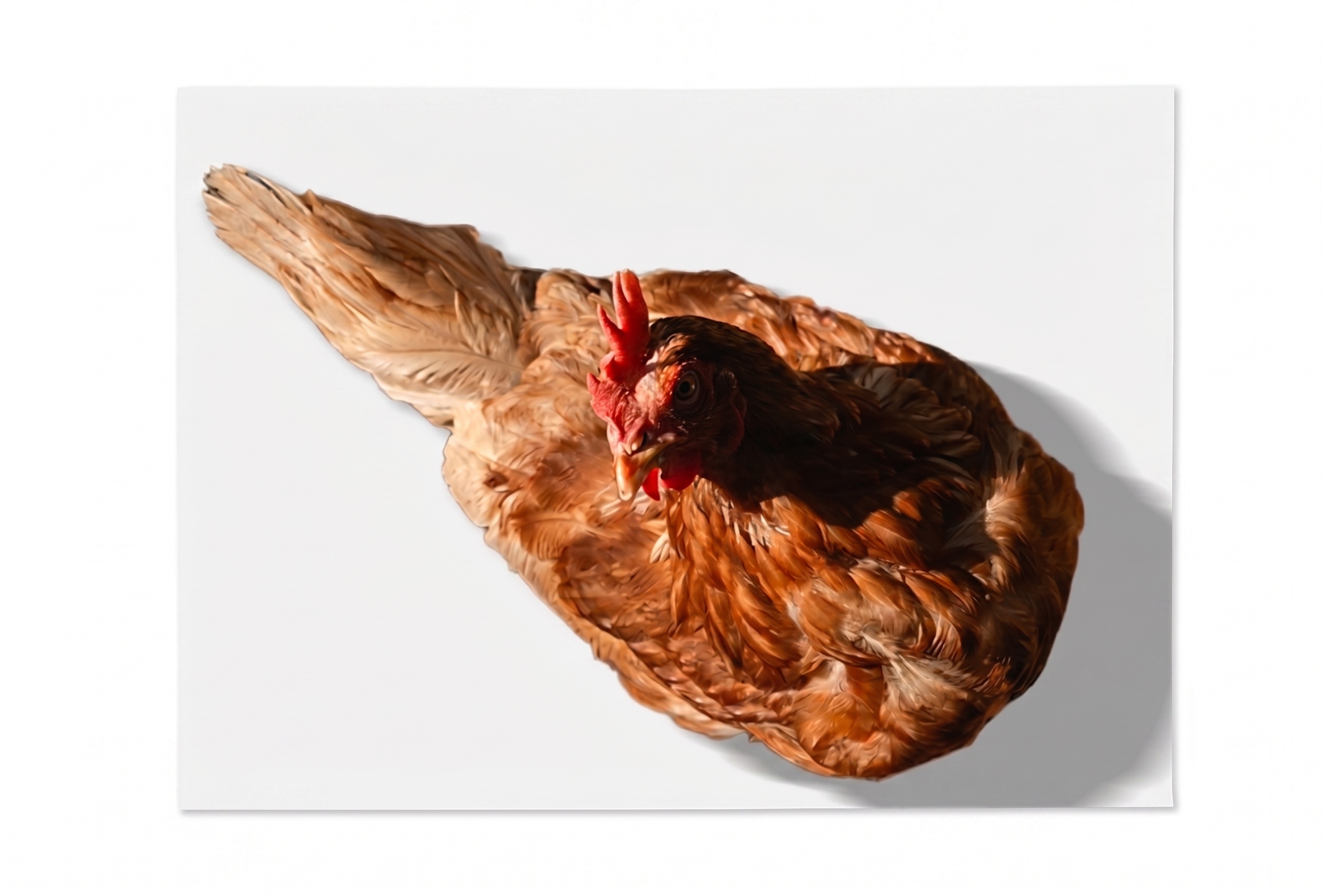 Una gallina adulta vista desde arriba, apoyada sobre una hoja de papel que resulta claramente más pequeña que su cuerpo